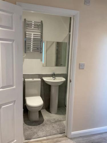 y baño con aseo y lavamanos. en Beautiful private en-suite room with its own entry en Bexleyheath