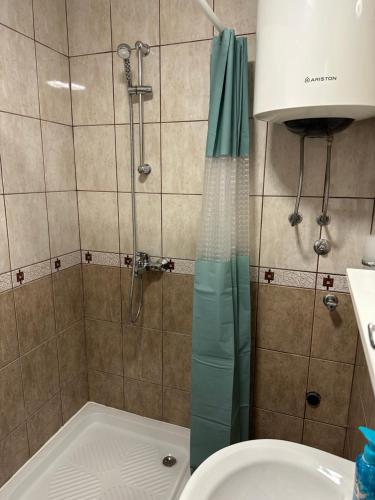 a bathroom with a shower with a toilet and a sink at Apartments Suzana in Herceg-Novi
