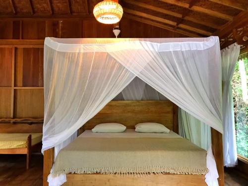 a canopy bed with white curtains in a room at Rambai Tree Jungle Lodges in Bukit Lawang
