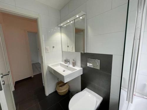 ein Badezimmer mit einem Waschbecken, einem WC und einem Spiegel in der Unterkunft Airport City Zürich in Opfikon