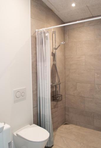 a bathroom with a shower curtain and a toilet at Gørding Bed and Breakfast in Gørding