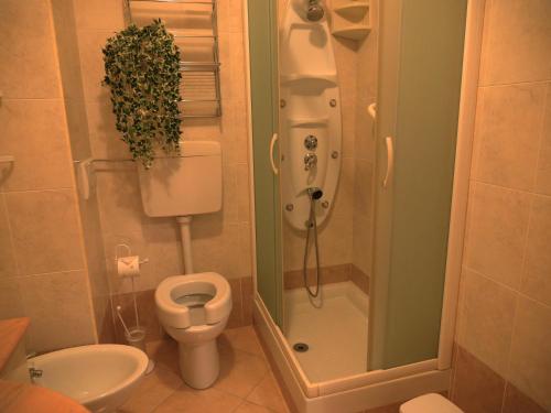 y baño pequeño con aseo y ducha. en IMHOME - CATTINARA Casa, en Trieste