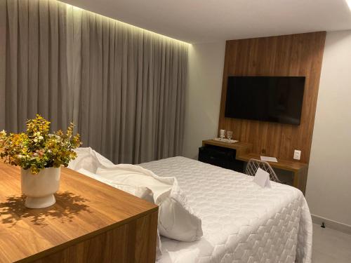 ein Hotelzimmer mit einem Bett und einem TV in der Unterkunft POUSADA CAFÉ DU'LIRIO in Lagoa Nova