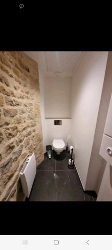 a bathroom with a toilet and a stone wall at Romantique room in Charleville-Mézières