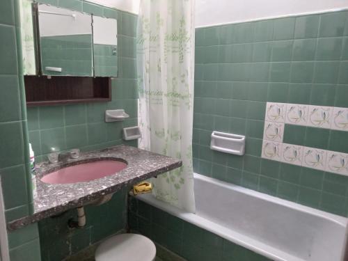 a bathroom with a sink and a toilet and a mirror at L&J Departamento in Gerli