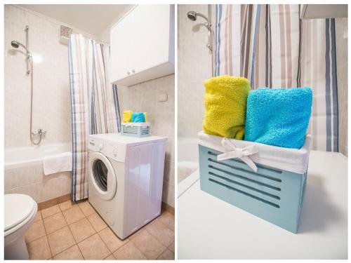 two pictures of a bathroom with a washing machine at Apartment Seagull in Split