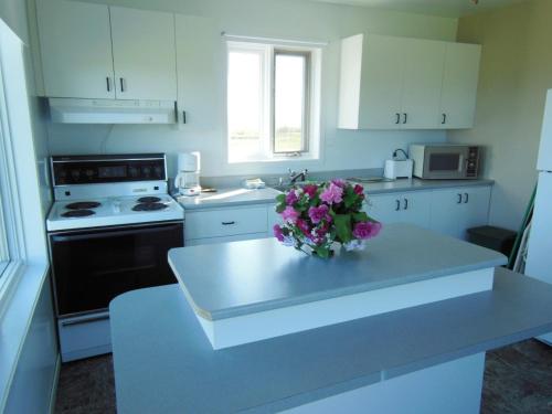 a kitchen with a table with a vase of flowers on it at Motel Seal Rock in Perce