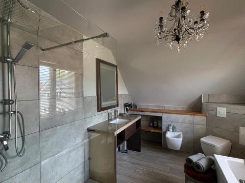 a bathroom with a sink and a toilet and a chandelier at Gemütliches Privatzimmer im Haus, Hasenfelder Weg 15 in Heinersdorf in Steinhöfel