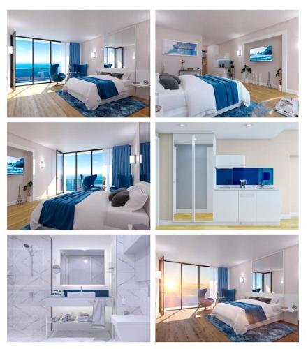 a series of four pictures of a hotel room at Orbi hotel sea view in Kuwait