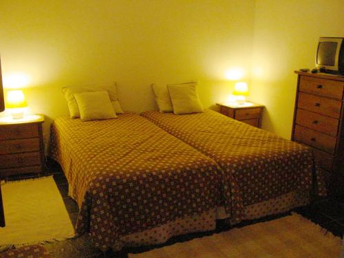 a bedroom with a bed with two lamps and a tv at Apartamento Duplex de 3 Quartos com vista in Lavre