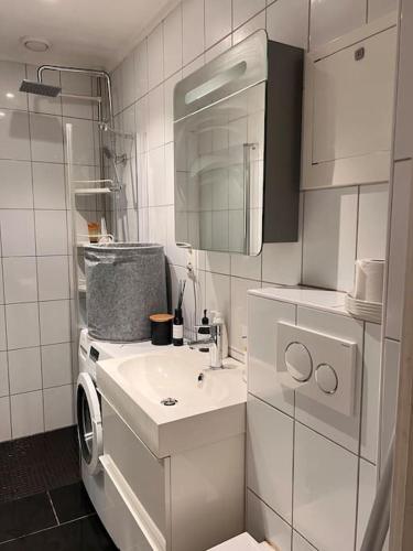 La salle de bains blanche est pourvue d'un lavabo et de toilettes. dans l'établissement Appartment. Quiet&Nice downtown, à Oslo