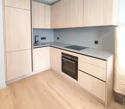 uma cozinha com armários de madeira e uma bancada em Design Apartment Vienna City Center - free parking! em Viena