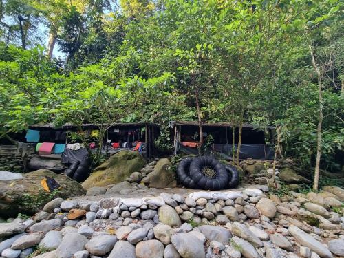 a group of rocks and trees with a vehicle at Lucky Bamboo'Bungalows-Resto and Orangutan Jungle Trekking Tours in Bukit Lawang