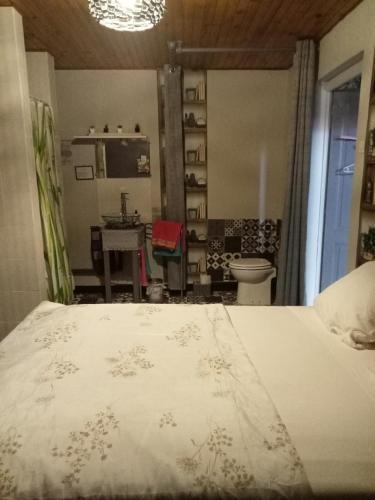 um quarto com uma cama, uma secretária e um lavatório. em Le repaire des écureuils em Bourg-Argental