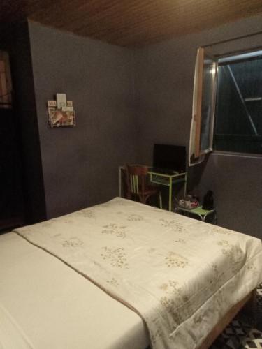 Un dormitorio con una cama con una manta blanca. en Le repaire des écureuils, en Bourg-Argental