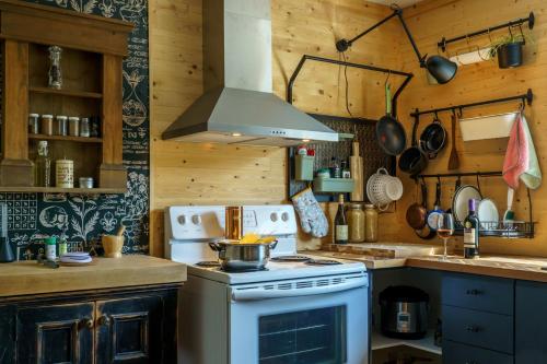 uma cozinha com um fogão e um fogão forno superior em Le Refuge du Repaire em Saint-Alexis-des-Monts