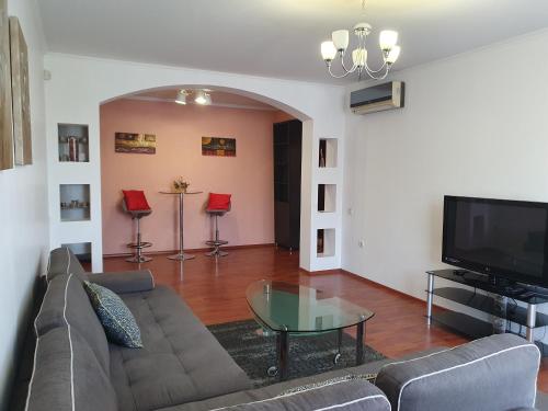 a living room with a couch and a tv at Mitropolit Dosoftei Street Апартаменты in Chişinău