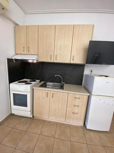 uma cozinha com lavatório, fogão e frigorífico em Central appartment3 with parking em Lárissa