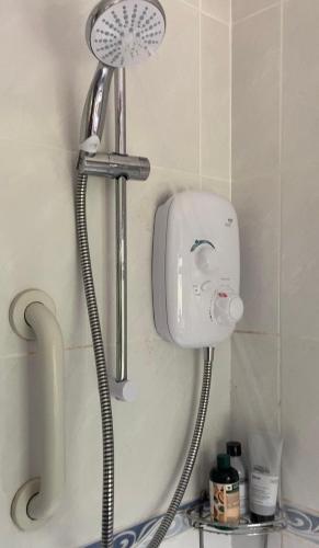 a shower in the corner of a bathroom at Beautiful Bexhill Cottage with garden 3 mins walk to beach in Bexhill