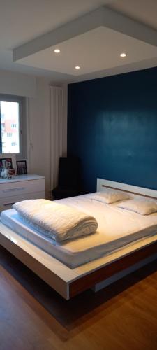 una camera con un grande letto con una parete blu di Appartement Rouen Ile Lacroix a Rouen