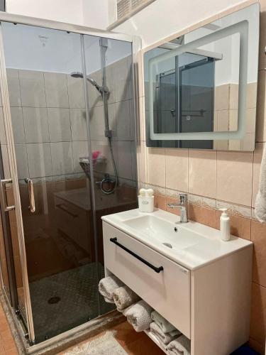 a bathroom with a sink and a shower with a mirror at Adra's apartment in Shkodër