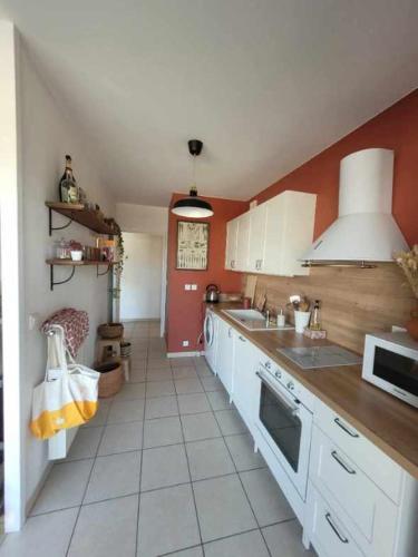 a kitchen with white appliances and red walls at Gerland T2 standing - balcon - parking privé souterrain in Lyon