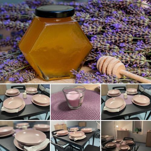 a collage of pictures with a jar of honey and purple flowers at Lawendowa Przystań - Dolina Baryczy in Ujeździec Mały