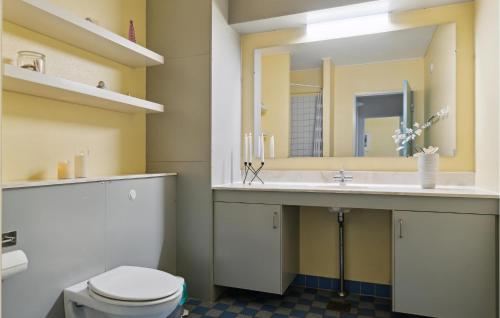 La salle de bains est pourvue de toilettes, d'un lavabo et d'un miroir. dans l'établissement Fan Bad, Lejl, 105, à Fanø