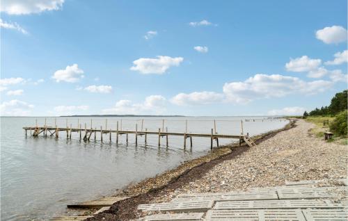 a beach with a wooden dock in the water at Nice Home In Thyholm With Wifi in Thyholm