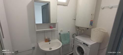 a small bathroom with a sink and a washing machine at studio sympa au rez de chaussée in Denain