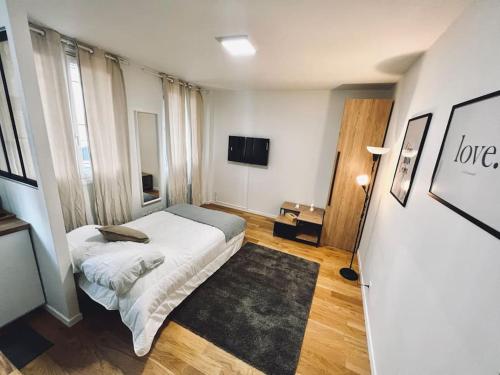 une chambre avec un lit et une télévision dans l'établissement Très beau studio refait à neuf 2, à Saint-Ouen