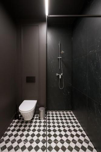 a black bathroom with a toilet and a shower at Harmonia Apartament with Parking in Toruń