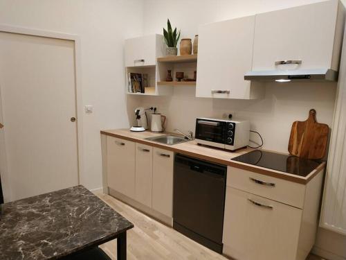 a small kitchen with a sink and a microwave at Le Studio du Château (2 à 4 personnes) in Clisson