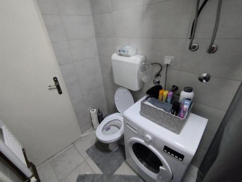 a bathroom with a toilet with a basket on top of it at Apartment Emina in Tuzla