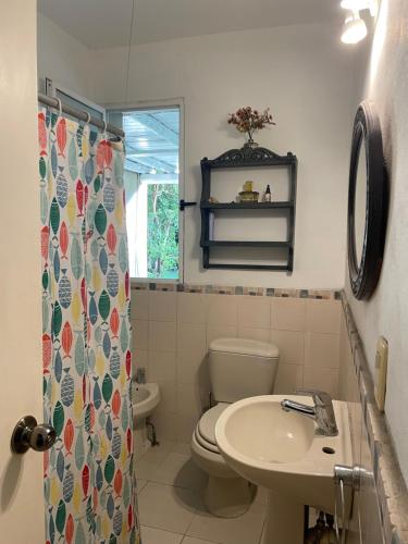 une salle de bains avec toilettes et lavabo dans l'établissement Cómoda casa vista espectacular zona Manantiales, à Balneario Buenos Aires