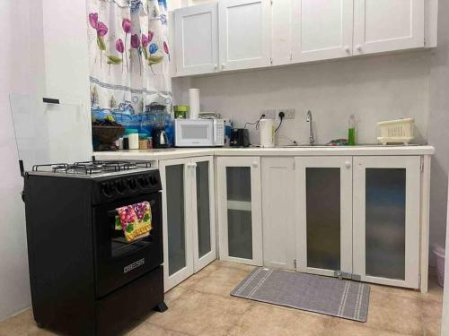 a kitchen with a black stove and white cabinets at Roseau City Hub apt # 3 in Roseau