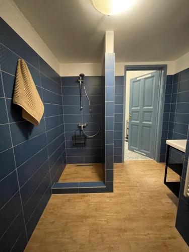ein Bad mit einer Dusche und blauen Fliesen in der Unterkunft Blue Mirror Apartment in Budapest