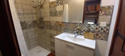 La salle de bains est pourvue d'un lavabo et d'une douche. dans l'établissement Eco-gite en Ardèche, à Viviers