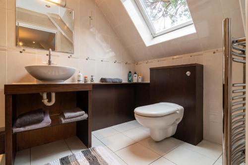 a bathroom with a toilet and a sink and a skylight at The Gables Poole, 3 Bedroom Penthouse Apartment in Poole