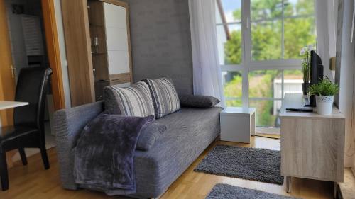 a living room with a gray couch and a window at Berlin-Oase - schnuckelige Ferienwohnung an der Grenze zu Berlin in Schönefeld