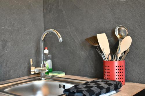 a kitchen counter with a sink with a kitchen utensils at La Domus Lemaitre 4 - parking - Wifi - Belgique in Bavay
