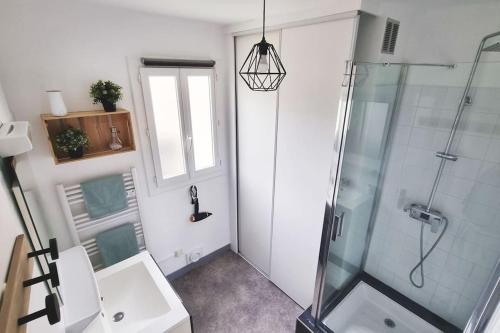 une salle de bain avec douche et lavabo dans l'établissement Appartement T2 + Grande terrasse, à Perpignan