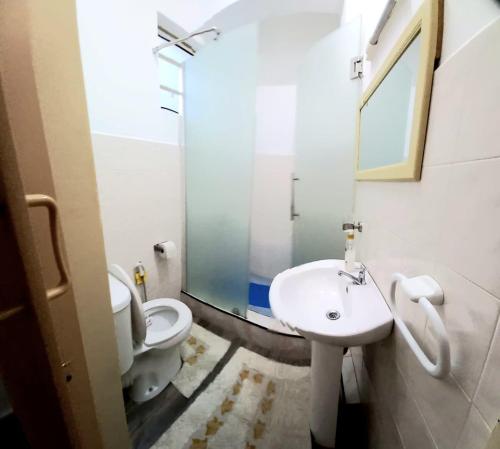 La salle de bains est pourvue de toilettes blanches et d'un lavabo. dans l'établissement Appartment Camellia, à Flic-en-Flac