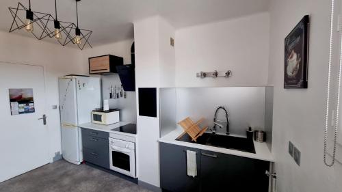 une petite cuisine avec un évier et un réfrigérateur dans l'établissement Appartement T2 + Grande terrasse, à Perpignan