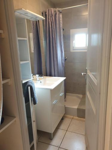 ein Badezimmer mit einem weißen Waschbecken und einer Dusche in der Unterkunft Le Clos des Mimosas in Saint-Andéol-de-Vals