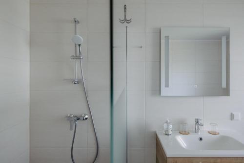 W łazience znajduje się prysznic i umywalka. w obiekcie Landhaus ANDREA w mieście Litzelsdorf
