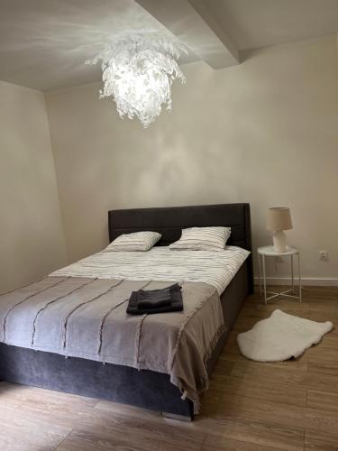 um quarto com uma cama grande e um lustre em Apartamenty Aleja Jana Pawła II em Wągrowiec