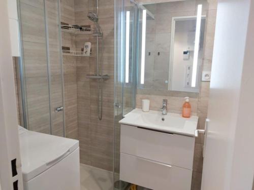 une salle de bain avec une douche avec un lavabo et une douche dans l'établissement Studio Eleverca 3*- rez de jardin terrasse - Axelle Loc'Appart, à Mandelieu-la-Napoule