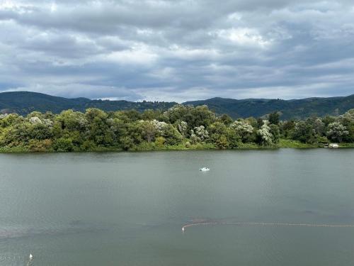 a lake with a boat in the middle of it at Apartman Plaža Lux in Veliko Gradište