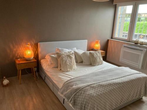 a bedroom with a bed with two lamps on it at Appartement moderne flambant neuf 